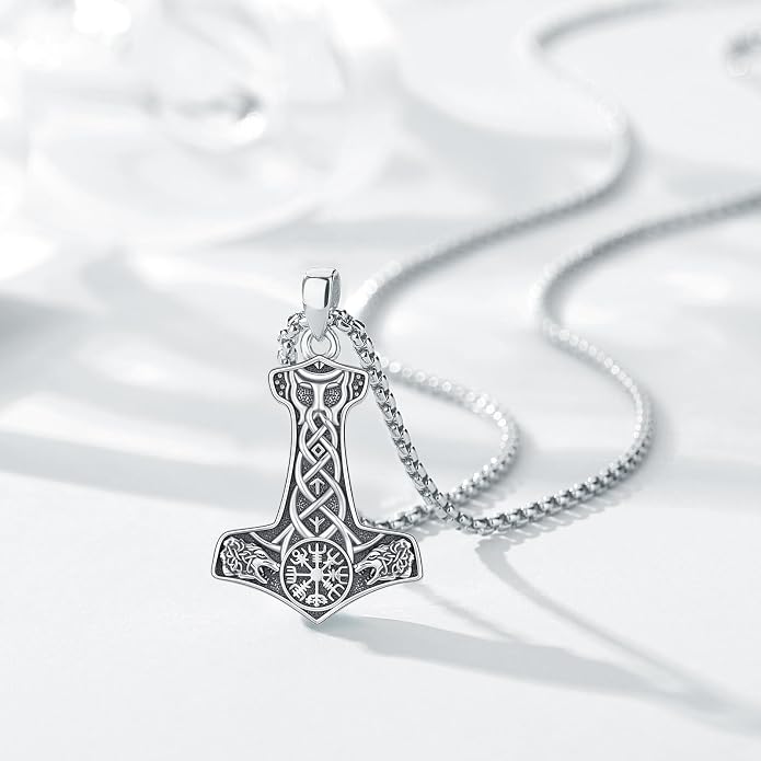 Viking Thor's Hammer Necklace for Men Women, S925 Sterling Silver Vintage Norse Talisman Mjolnir Necklace Amulet Pendant Jewelry Gifts with Sturdy Box Chain