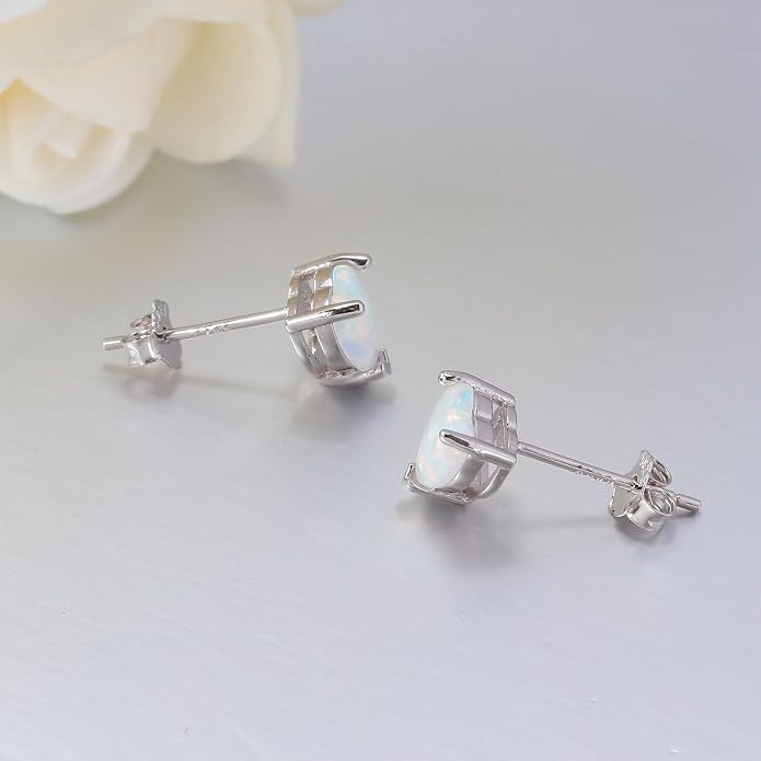 CiNily 925 Sterling Silver Stud Earrings for Women Teen, Heart Opal Stud Earrings, Dainty Cartilage Small Studs for Men, Heart Birthstone Earrings Lightweight Opal Jewelry for Mothers Day Birthday