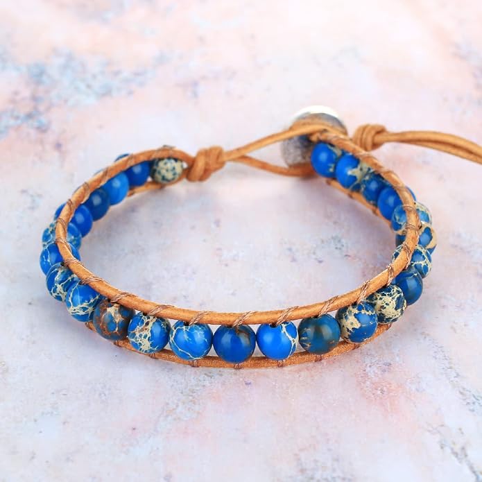KELITCH Turquoise Mix Beaded Bracelets Single Wrap Bracelet on Brown Leather Handwoven New Jewelry