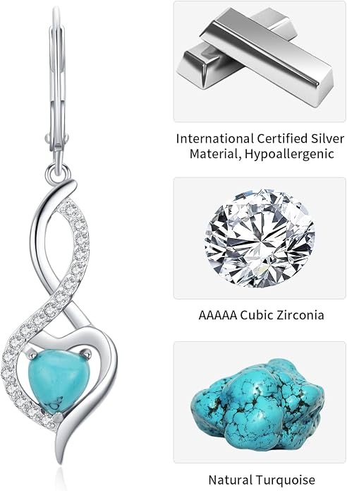 BDL Genuine Turquoise Jewelry for Women, Sterling Silver Earrings and Necklaces for Women, Leverback Dangle Drop Earrings Jewelry
