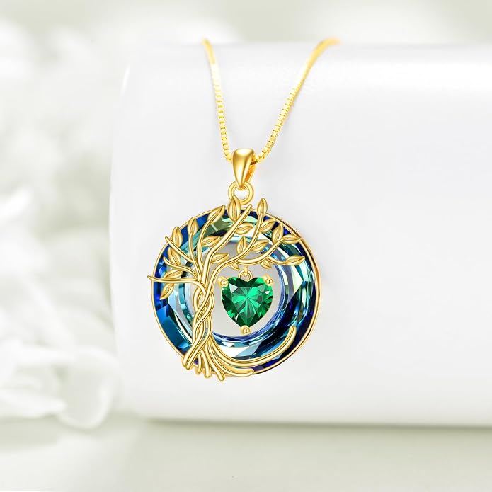 POPLYKE Mothers Day Gifts for Mom Her Wife Tree of Life Necklace 925 Sterling Silver Birthstone Pendant with Crystal Anniversary Birthday Wedding Jewelry for Women