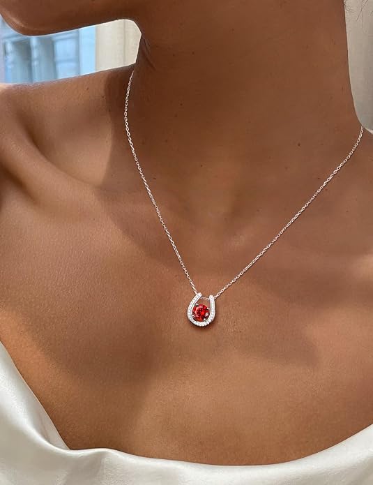 925 Sterling Silver Horseshoe Necklace for Women Round Gemstone Birthstone Necklace Sapphire/Emerald/Ruby/CZ Horse Shoe Pendant Necklaces Jewelry Gift