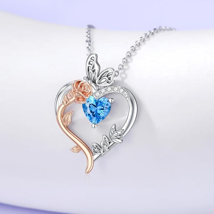 TOUPOP Rose Heart Birthstone Necklace 925 Sterling Silver Heart Butterfly Pendant Love Jewelry Birthday Gifts for Women Wife Mom Her