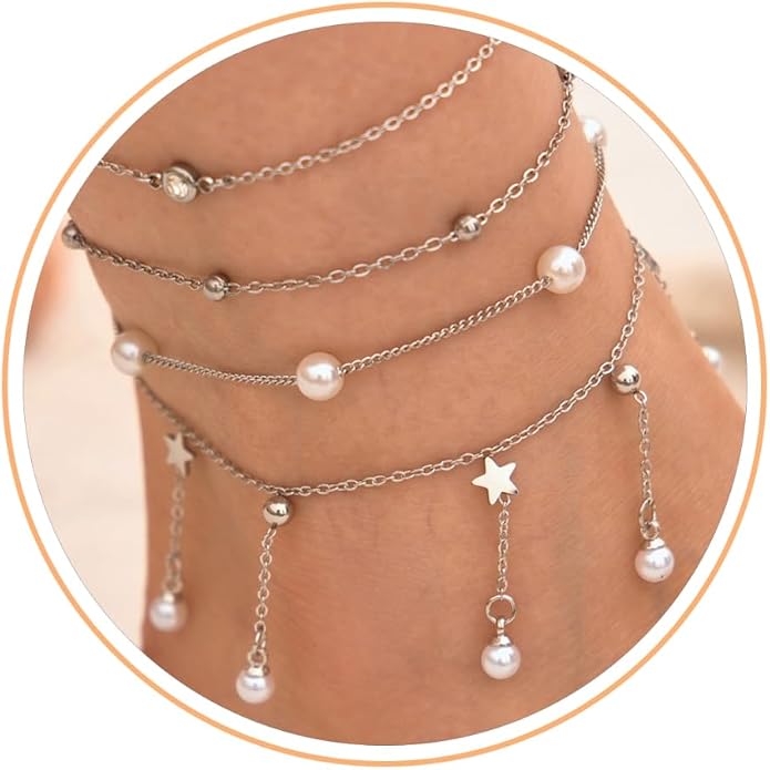 LOFITOR Ankle Bracelets for Women Glitter Waterproof Adjustable Anklet Set for Women 18K Gold Plated Silver Charm Dainty Layered Anklets, Summer Beach Anklet Jewelry for Women