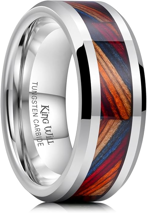 King Will Mens 8mm Black Silver Tungsten Rings, Men's Wedding Rings Fishing Line Inlay Beveled Edge Ring for Men Women, Comfort Fit, Durable