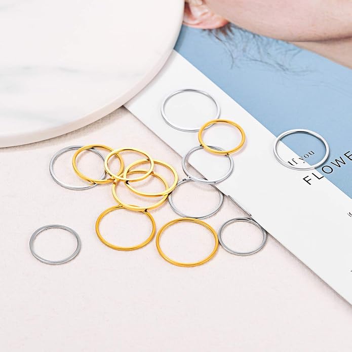 FOCALOOK 28 PCS Knuckle Ring Set 1MM Stainless Steel Women's Thin Plain Band Stacking Midi Finger Rings Set Comfort Fit Silver/Black/Gold/Rose Tone Size 4-10