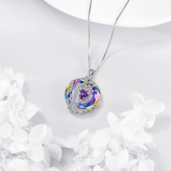 POPLYKE Mothers Day Gifts for Mom Her Wife Tree of Life Necklace 925 Sterling Silver Birthstone Pendant with Crystal Anniversary Birthday Wedding Jewelry for Women