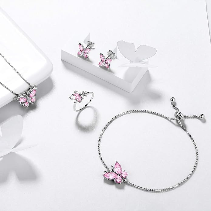 Aurora Tears Butterfly Jewelry,Women 925 Sterling Silver Butterflies Birthstone Pendant Necklace/Earrings/Rings Wedding Gift