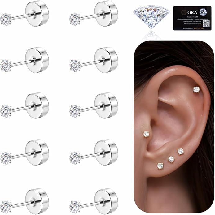 GEMQUEEN 6 Pairs 2-7mm Moissanite Earrings Studs 14K Gold Plated Stainless Steel Flat Back Earring for Women Men - Hypoallergenic Cartilage Helix Piercing Jewelry Brilliant Round Cut D Color VVS1 5.97CT