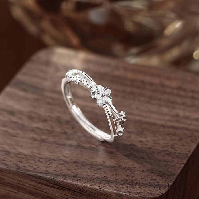 Adjustable Flower 925 Sterling Silver Ring for Women Daisy Plumeria Flower Stacking Open Statement Finger Rings Wedding Engagement Promise Bands Dainty Jewelry Gifts Daughter Birthday