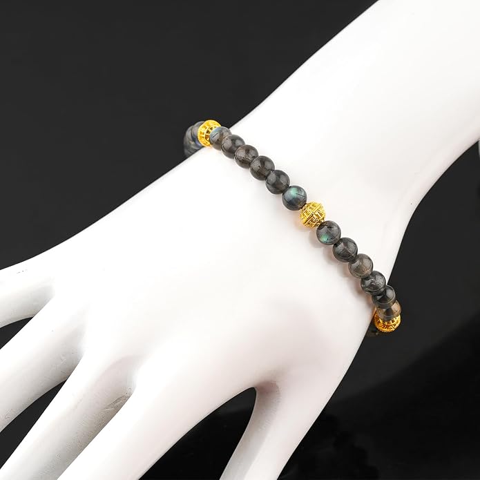 AAA Grade Natural Gemstone Beaded Bracelet, 14K Gold Plated with Evil Charm, Wicca & Reiki Healing Crystals, Handmade Bohemian Jewelry, Christmas Gift for Women (7+1inch)