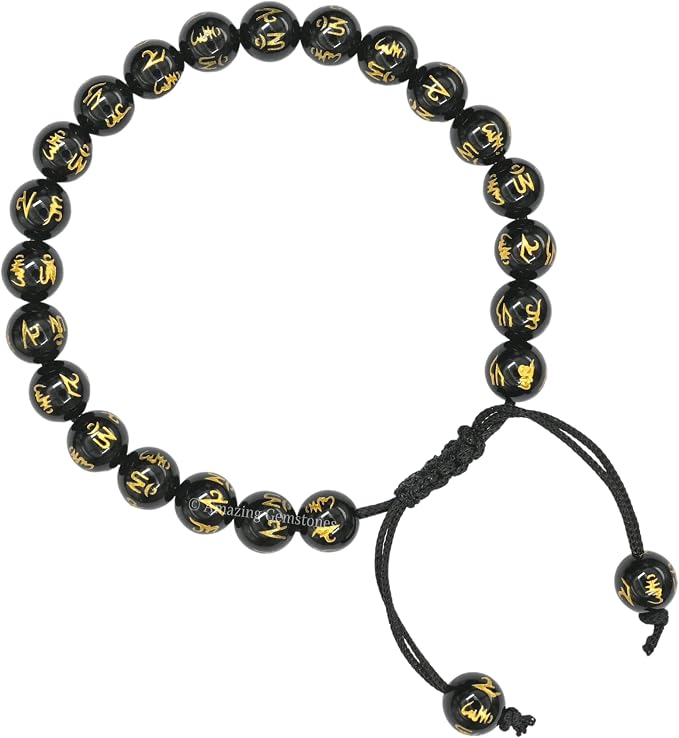 Amazing Gemstone Om Mani Black Agate Bracelet for Women Men's Gifts - Protection Healing Crystal Bracelet - 8mm Gemstones Beaded Adjustable Bracelet Pulseras para Hombres Mujer Stocking Stuffers