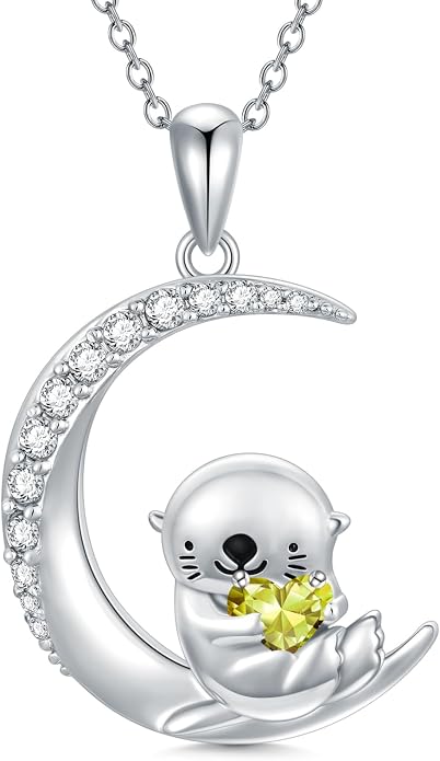 PROESS Animal Birthstone Necklace 925 Sterling Silver Otter/Axolotl/Hippo/Elephant/Dachshund/Monkey/Red Panda Pendant Necklace Animal Birthstone Jewelry Gifts for Women