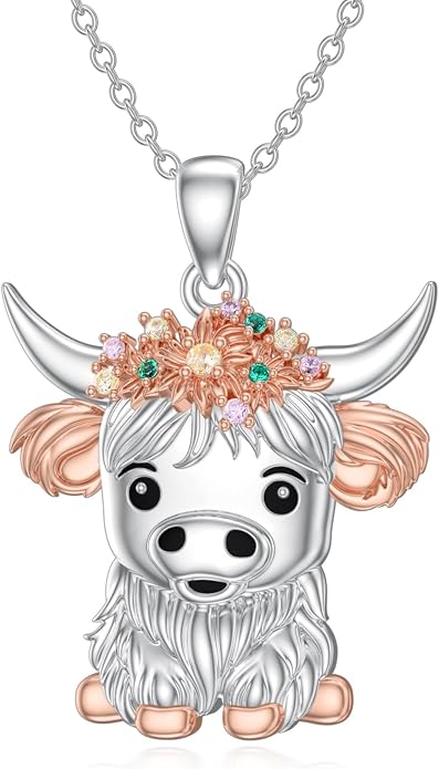 Highland Cow Gifts for Women 925 Sterling Silver Highland Cow Birthstone Necklace Fluffy Cow Jewelry Gifts Birthday Christmas