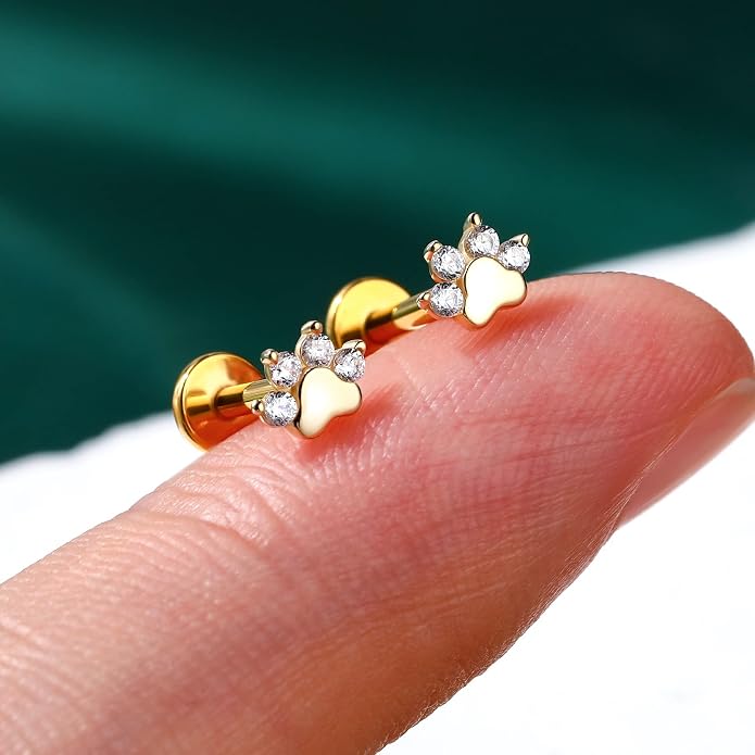 Cocharm 14K Solid Gold Cartilage Earring - Dog Paw Yellow Gold Flat Back Helix Stud, 16g