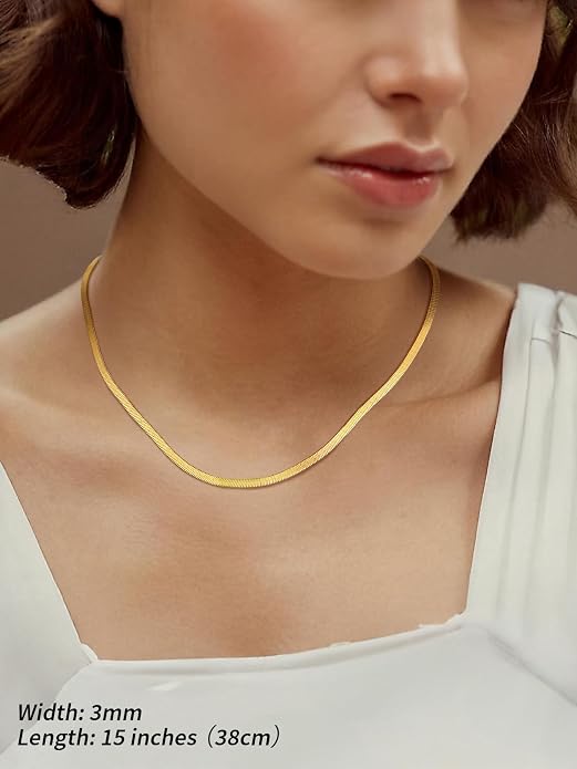 FindChic Black/14K Gold Plated Herringbone Choker Chain Necklace for Women | Waterproof Stainless Steel, Dainty Layering, Flat Snake Chain, Non-Tarnish, Hypoallergenic, Adjustable Extender, Gift Box