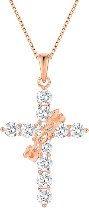 Rotated Crown Cross Necklaces for Women, 925 Sterling Silver Round Cut Zircon Neckalce Pendant With Ring Birthstones Jewelry for Her