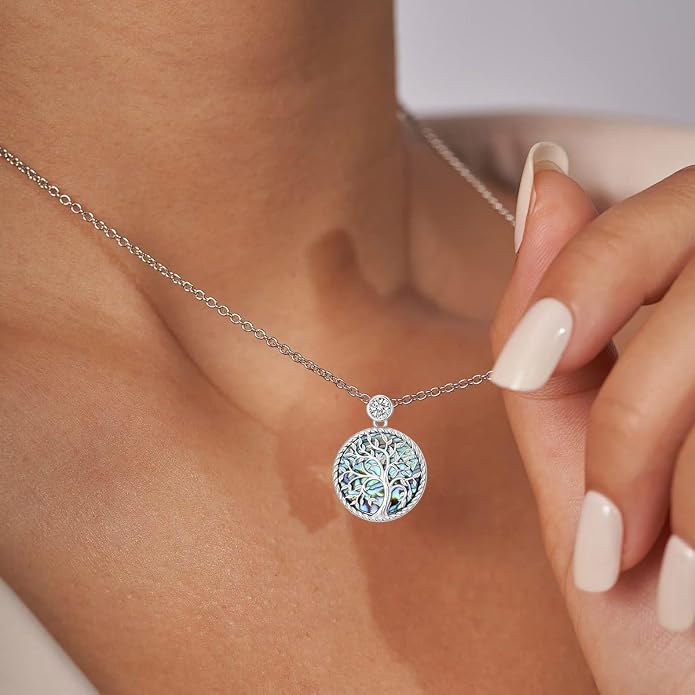 Tree of Life Moissanite Necklace, 925 Sterling Silver 0.5 Carat Moissanite Abalone Shell/Opal/Black Onyx/Turquoise/Malachite/Tiger Eye Stone Tree of Life Pendant Necklaces Jewelry Gift for Women Mom