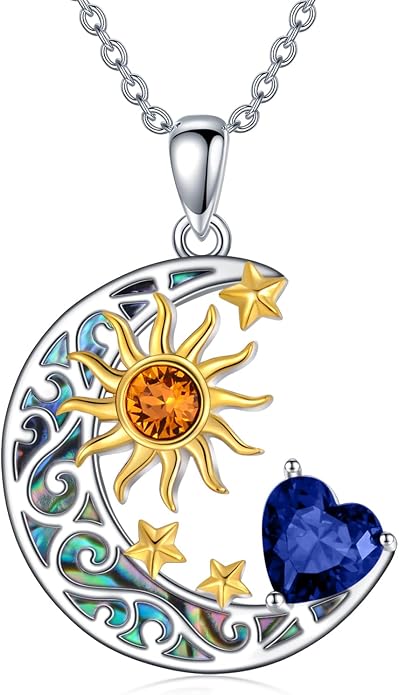 AOBOCO 925 Sterling Silver Sun and Moon Star Pendant Necklace with Simulated Birthstone, Birthday Christmas Jewelry Gift for Women Teen Girls