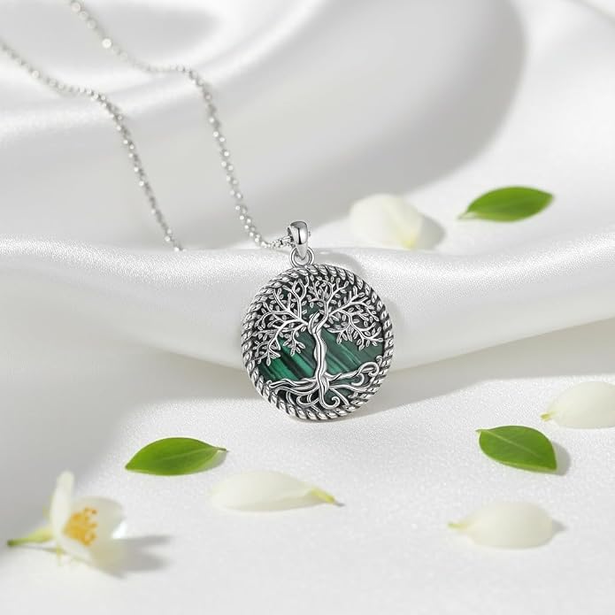 Tree of Life Necklace 18K White Gold Plated Turquoise/Pearl Shell/Malachite/Abalone Shell/Blue Opal/Black Onyx Tree Necklace Jewelry Gift for Women Men,22+2"