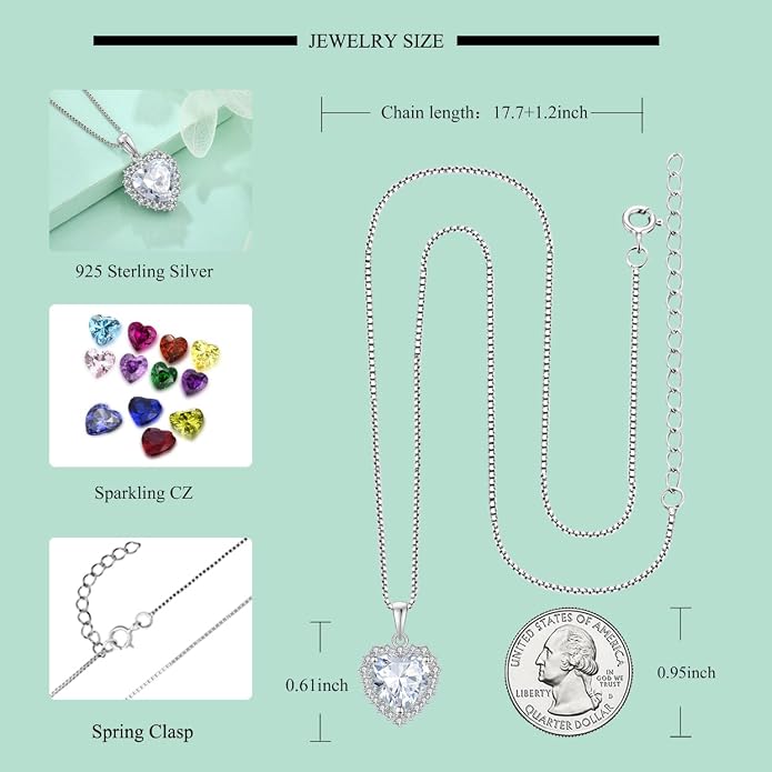 STARCHENIE 925 Sterling Silver Heart Birthstone Pendant Necklace for Women | Genuine 925 silver pendant, heart birthstone, love heart design, 925 silver 18+2" adjustable chain