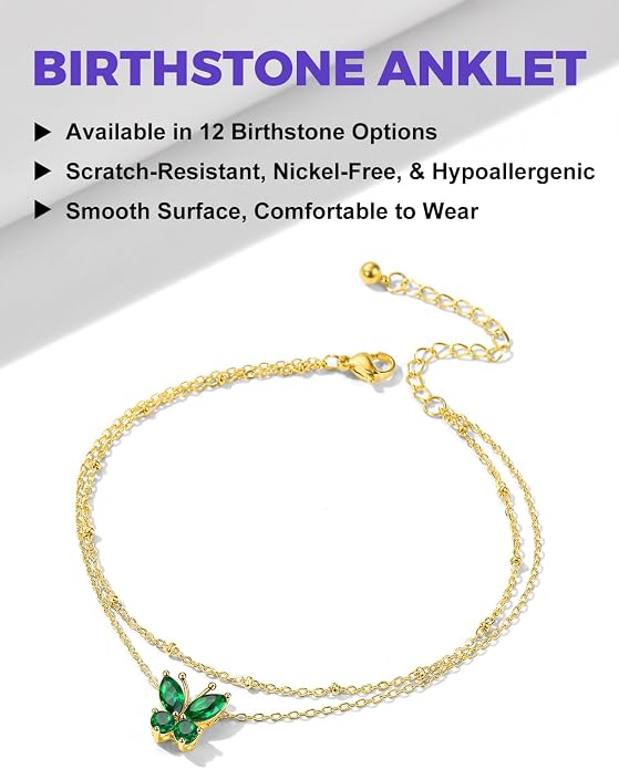 Richsteel Double Layer Heart/Butterfly Birthstone Anklet for Women Non Tarnish Waterproof, Silver/Gold/Black Stainless Steel 8.5-10.5 Inch Adjustable Chain Anklets Jewelry Gifts for Her