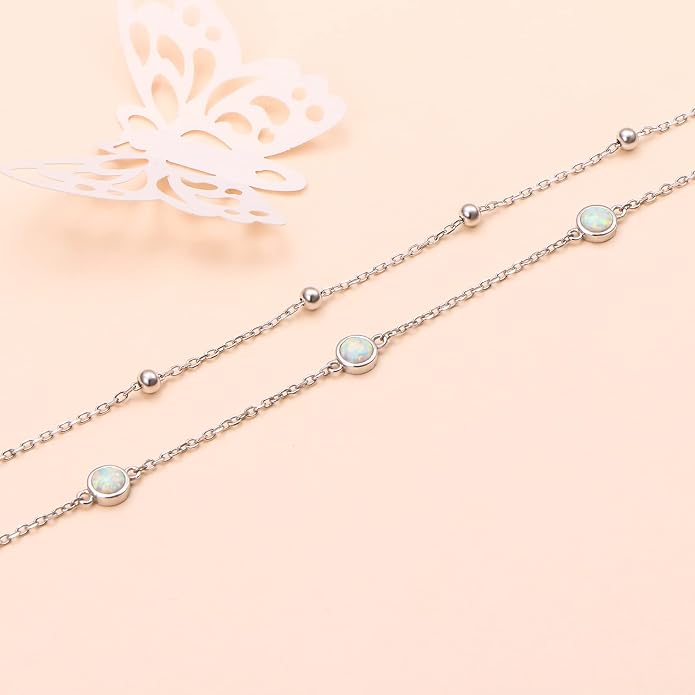 Flyow Anklet for Women S925 Sterling Silver Adjustable Foot Beaded Heart Charm Ankle Bracelet Anklets Jewelry