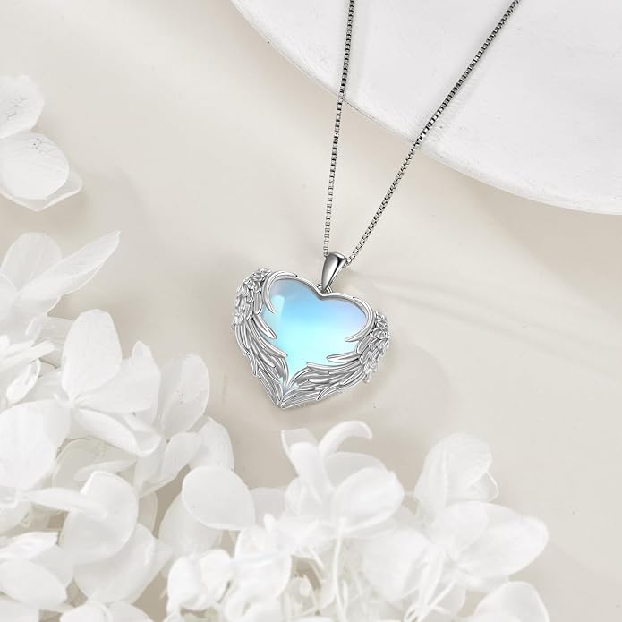 Angel Wings Necklace for Women 925 Sterling Silver Birthstone Guardian Necklace Jewelry Angel Wings Moonstone, Crystal Pendant Jewelry Gifts