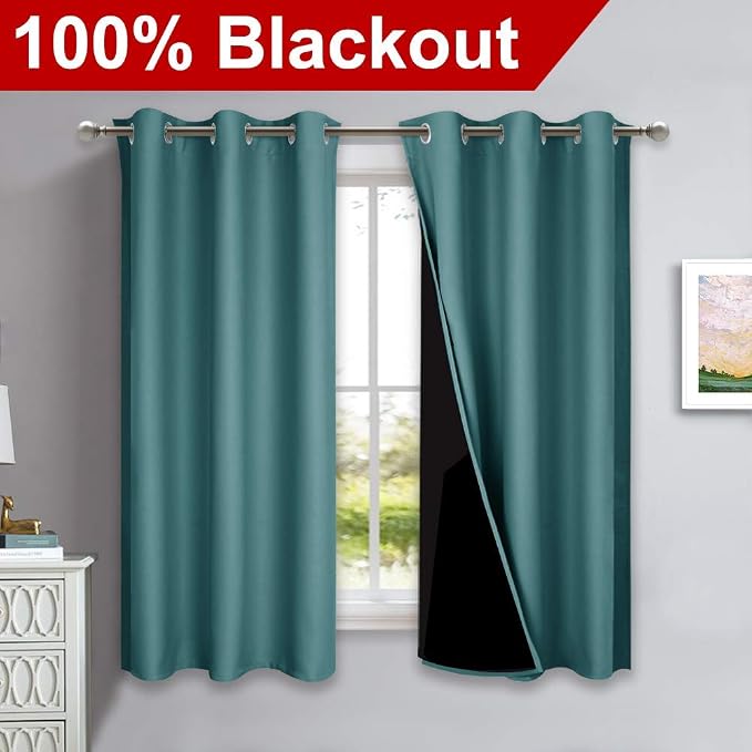 NICETOWN 100% Blackout Short Curtains with Black Liners, 2 Panels, 37" W by 50" L, Sea Teal, Solid Thermal Insulated Full Blackout 2-Layer Lined Drapes, Energy Efficiency Window Draperies for Bedroom