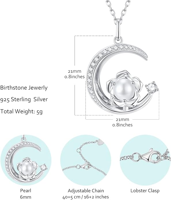 Birthstone Necklace for Women Sterling Silver Moon Pendant Necklaces Anniversary Birthday Fine Jewelry Gifts for Her Women Mother, Adjustable Chain