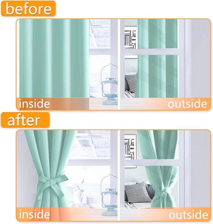 Hiasan Blackout Curtains for Bedroom, 60 x 63 Inches Length - Thermal Insulated & Energy Saving Window Curtains for Living Room, 2 Drape Panels Sewn with Tiebacks, Aqua