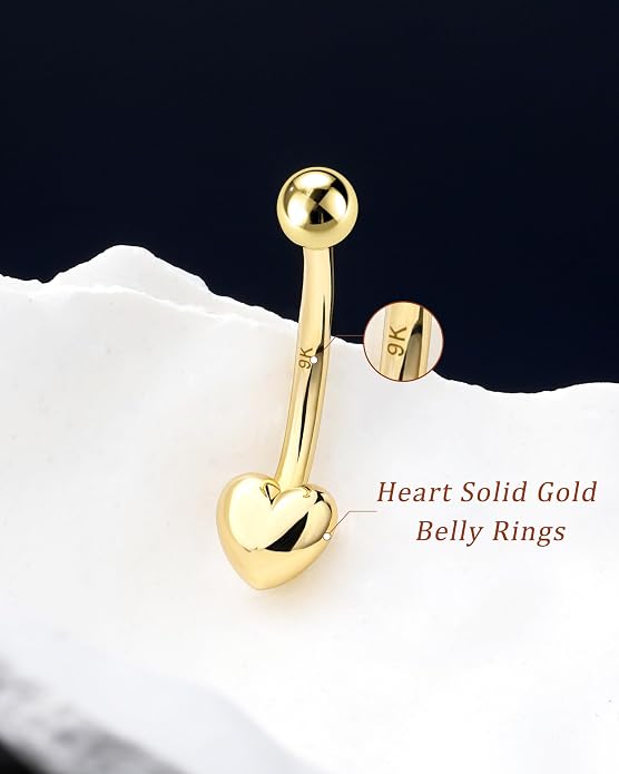 Melighting 9K Solid Gold Belly Button Ring With Heart and Clear CZ - 14G Navel Piercing Jewelry for Women