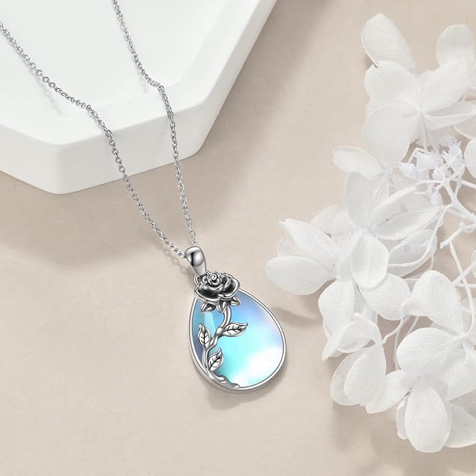 YAFEINI 925 Sterling Silver Moonstone Necklace Filigree Teardrop Pendant Necklace Jewelry for Women Girls