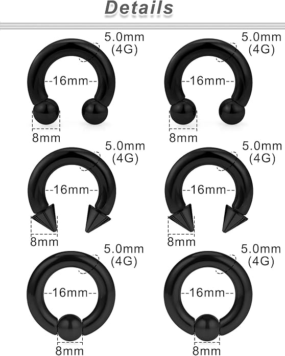 00G 0G 2G 4G 6G 8G 10G 12G 14G 16G Septum Rings Silver Black Surgical Steel Heavy Gauges Earrings Stretching kit Eyebrow Lip Septm Nose Rings Helix Tragus Daith Rook Earrings Hoops 10mm-19mm