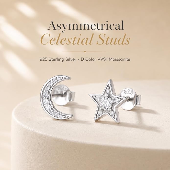Asymmetrical Moissanite Stud Earrings for Women, Star and Moon Design, D Color VVS1 Clarity Moissanite, 925 Sterling Silver with 18K White Gold Plated, Fire Brilliance Hypoallergenic Jewelry Gift for Her