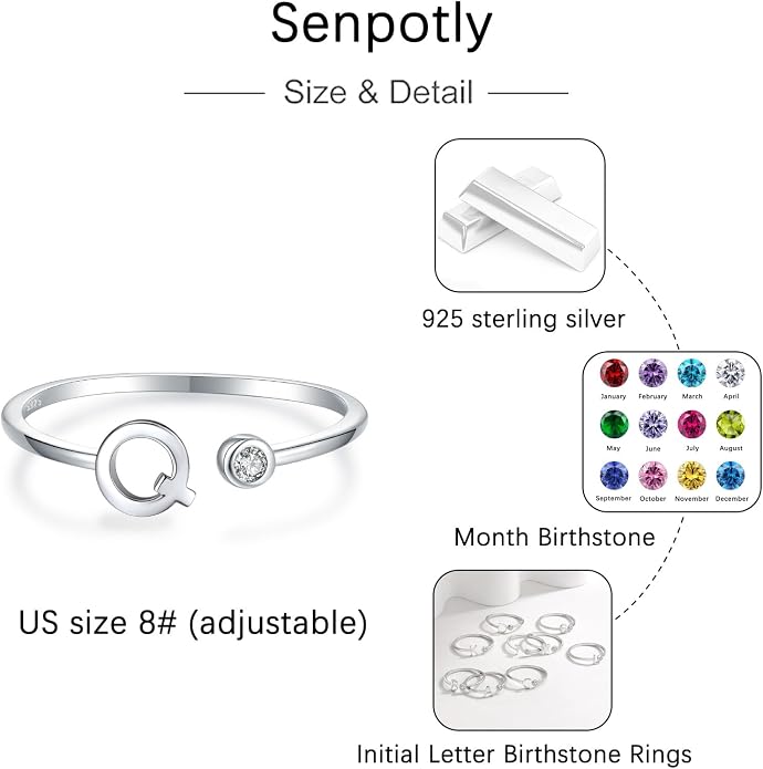 925 Sterling Silver Initial Letter Birthstone Rings for Women Adjustable 1-12 Month Birthstone Alphabet Stacking Ring for Teens Girls Stackable Birthstone Rings Birthday Jewelry Gift for Daughter Mom