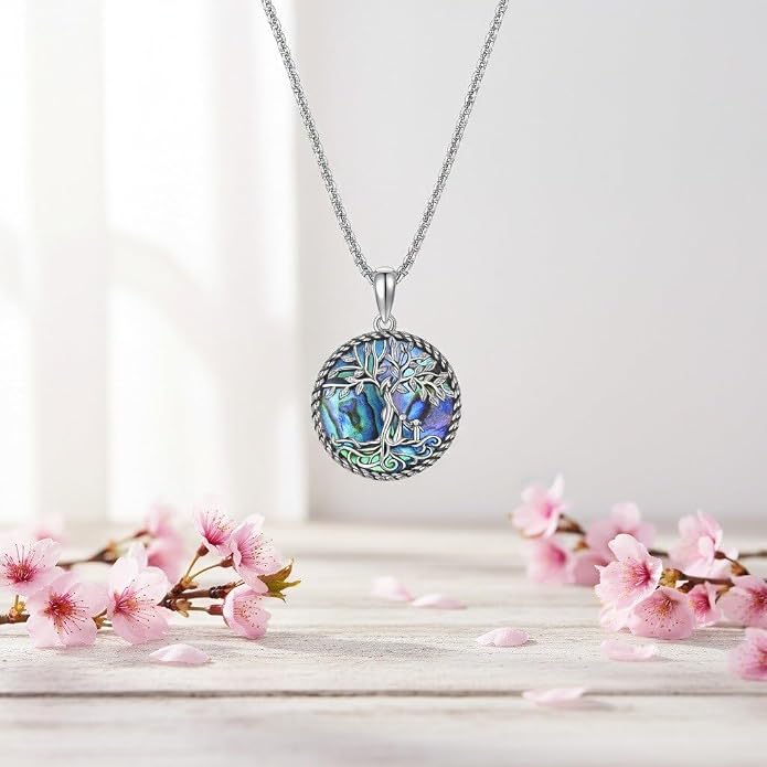 Tree of Life Necklace 18K White Gold Plated Tree of Life Abalone Shell/Crystal Pendant Necklace Family Tree Jewelry Gifts for Women Mothers Day Gifts