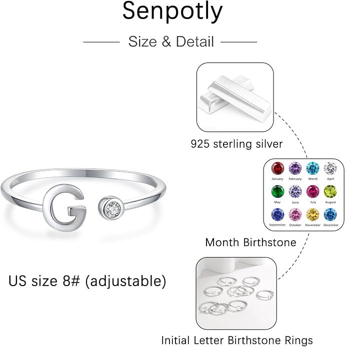 925 Sterling Silver Initial Letter Birthstone Rings for Women Adjustable 1-12 Month Birthstone Alphabet Stacking Ring for Teens Girls Stackable Birthstone Rings Birthday Jewelry Gift for Daughter Mom