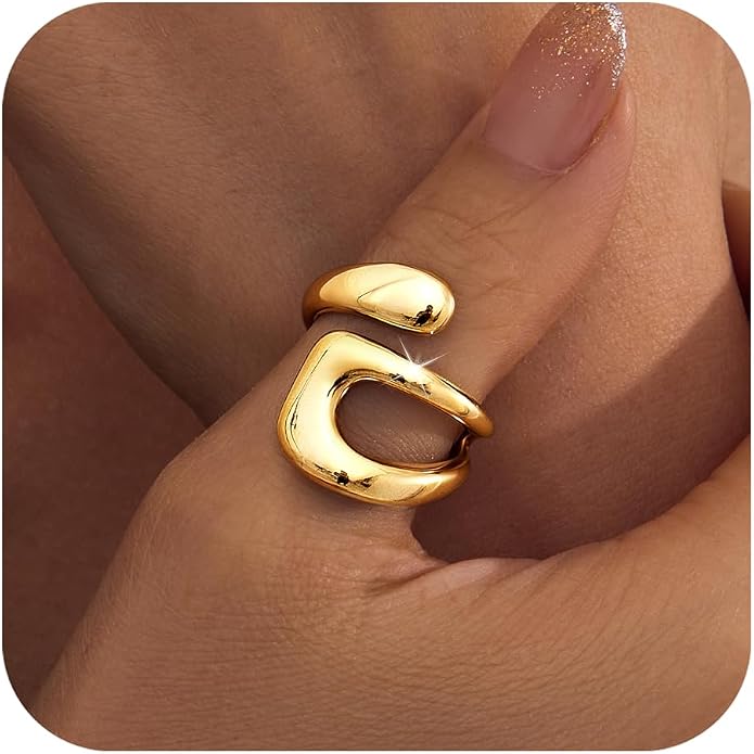 Gelbesty Waterproof Gold Statement Rings for Women, 14K Gold Plated Chunky Open Stackable Rings Non Tarnish Fashion Adjustable Stainless Steel Pinky Knuckle Signet Vintage Ring Jewelry Size 5-11