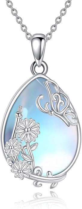 YAFEINI 925 Sterling Silver Moonstone Necklace Filigree Teardrop Pendant Necklace Jewelry for Women Girls