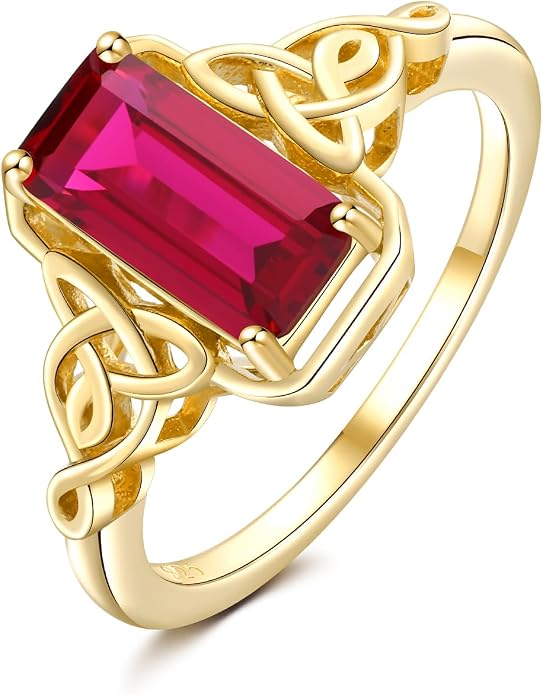 DAYBYDAY Celtic Birthstone Rings for Women, 925 Sterling Silver/18K Gold Plated Emerald Cut Celtic Knot Engagement Wedding Ring, Square Created Gemstone Promise Rings for Her Size 6-10