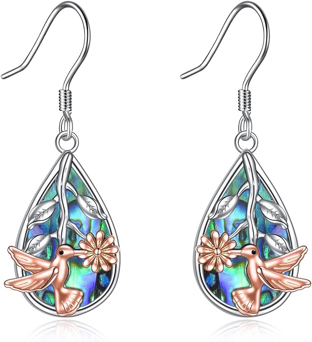 CRMAD Hummingbird/Bee/Leaves/Sunflower/Daisy/Dragonfly/Rose/Lotus Flower Sterling Silver Filigree Teardrop Earrings Abalone Shell Jewelry for Women