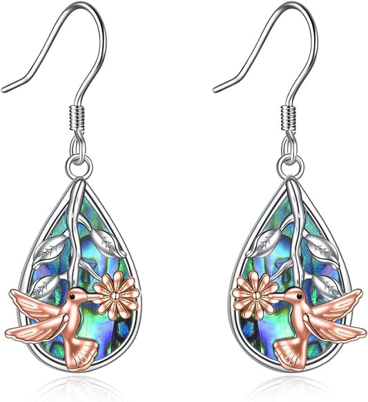 CRMAD Hummingbird/Bee/Leaves/Sunflower/Daisy/Dragonfly/Rose/Lotus Flower Sterling Silver Filigree Teardrop Earrings Abalone Shell Jewelry for Women