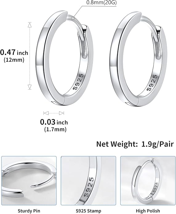 SILVERCUTE 925 Sterling Silver Huggie Hoop Earrings for Women,Hypoallergenic Small Hoop Earrings Lightweight Silver/14K Gold Hoops Cartilage Earrings for Women,8/10/12mm