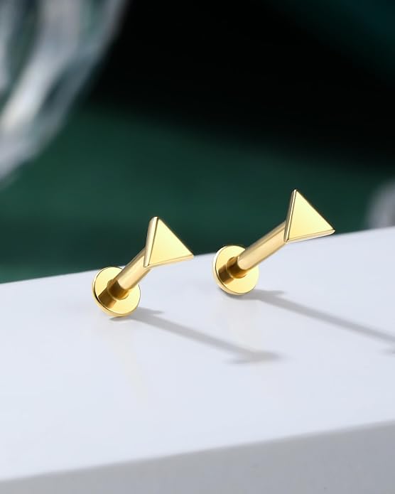 COCHARM 14K Real Gold Helix Tragus Cartilage Piercing Jewelry-Titanium Post-Threadless Tragus Conch Cartilage Earring Stud Flat Back 16g Labret Stud 6mm, 8mm Push Pin Triangle Medusa Jewelry