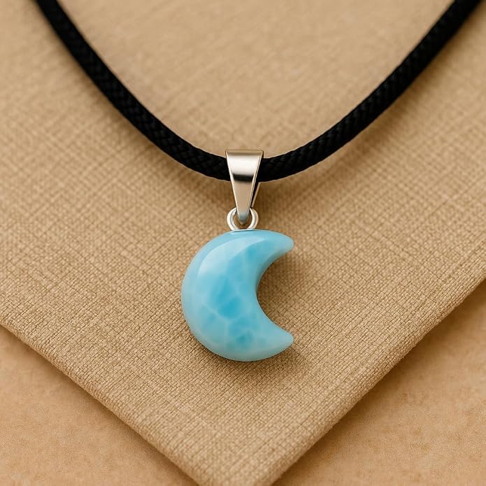 Handmade Larimar Crescent Moon Pendant Necklace – 925 Sterling Silver – Authentic Dominican Gemstone Jewelry – Healing Crystal Gift for Women & Men