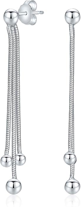 Bling Jewelry Minimalist Geometric Tassel Fringe Linear Chain Ball Dangle Earrings For Women For Teen .925 Sterling Silver
