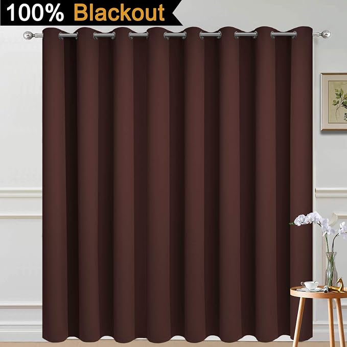 Yakamok Brown 100% Blackout Patio Door Curtain Panels W100 x L84, 1 Panel | Noise Reducing Barrier Panel for Sliding Glass Door, 2 Thick Layers Heat Full Light Blocking Patio Door Drapery