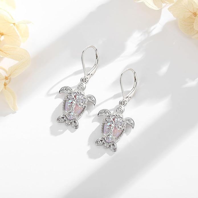 Vito 925 Sterling Silver Teardrop Earrings for Women, Moonstone Turquoise Drop Dangle Earrings Cat Snake Turtle Tree of Life Leverback Earrings Boho Jewelry Gift for Mom Wife