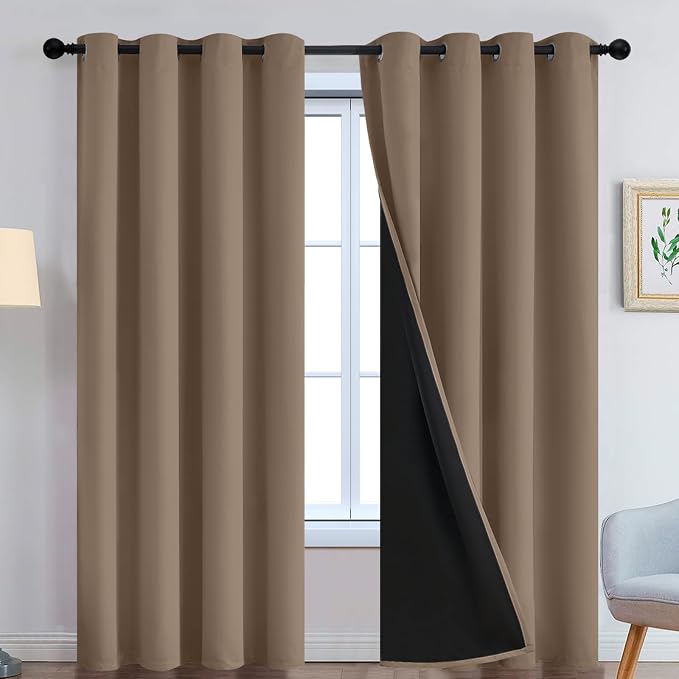 Yakamok Khaki Blackout Curtains 96 Inches Long for Bedroom 52" Wide 2 Panel | Blackout Curtain Panels for Bedroom, 2 Thick Layers Grommet Top Thermal Insulated Drapes with Black Liner for Living Room